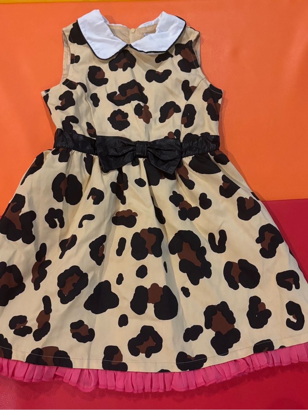 Girls Beige Leopard Print Dress with Black Bow